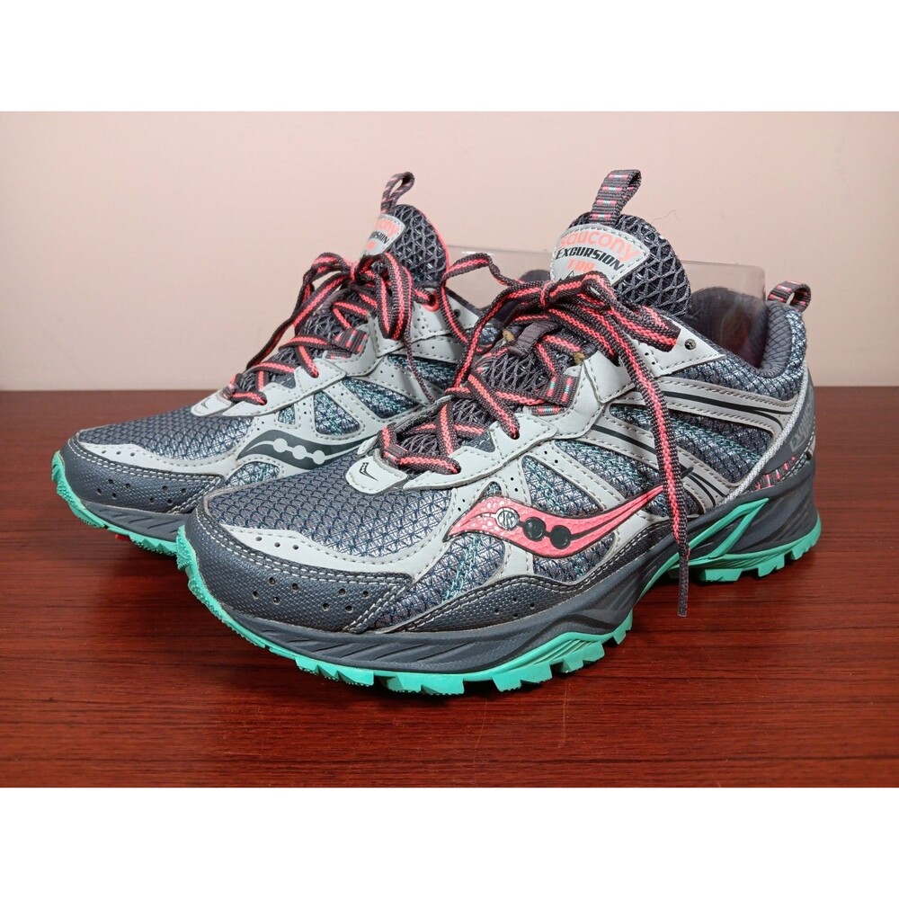 Saucony Excursion TR8 Trail Running Shoes Size 7.5 Gray/Aqua/Pink S153203-2 EUC